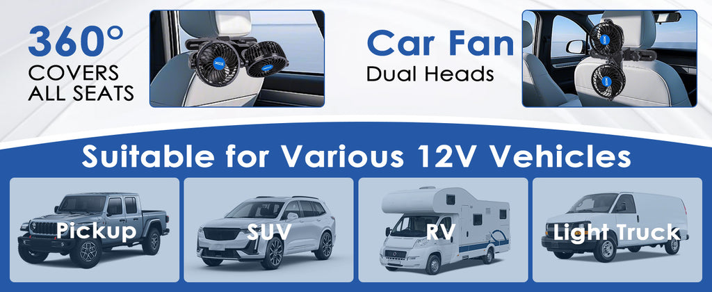 XOOL Electric Car Fans for Rear Seat Passenger Portable Fans Headrest 360 Degree Rotatable Backseat Car Fan 12V Cooling Air Fan with Stepless Speed Regulation for Vehicles, SUV, RV