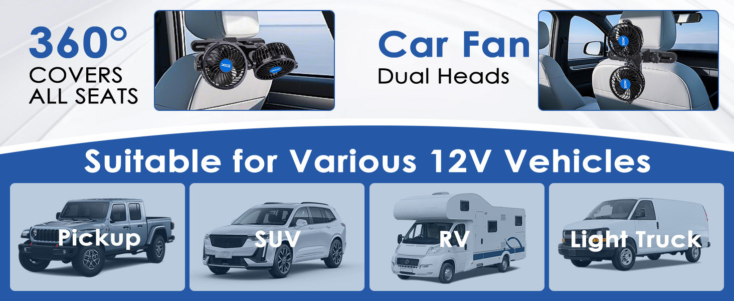 XOOL Electric Car Fans for Rear Seat Passenger Portable Fans Headrest 360 Degree Rotatable Backseat Car Fan 12V Cooling Air Fan with Stepless Speed Regulation for Vehicles, SUV, RV