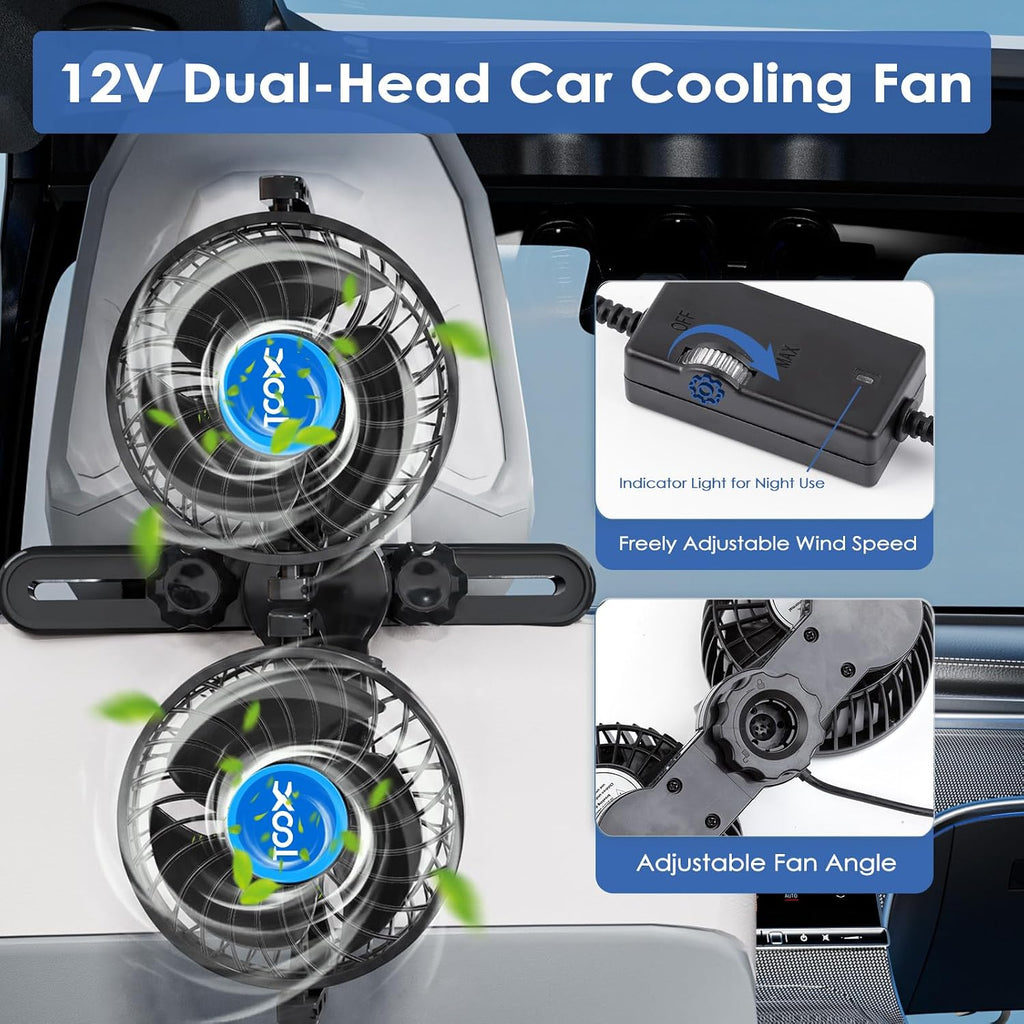 XOOL Electric Car Fans for Rear Seat Passenger Portable Fans Headrest 360 Degree Rotatable Backseat Car Fan 12V Cooling Air Fan with Stepless Speed Regulation for Vehicles, SUV, RV