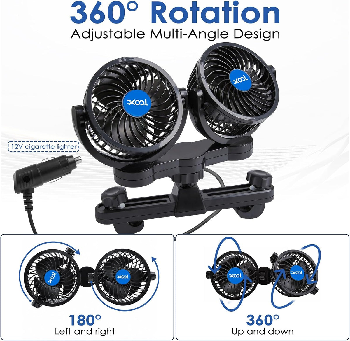 XOOL Electric Car Fans for Rear Seat Passenger Portable Fans Headrest 360 Degree Rotatable Backseat Car Fan 12V Cooling Air Fan with Stepless Speed Regulation for Vehicles, SUV, RV