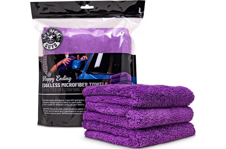Chemical Guys Happy Ending Ultra Plush Edgeless Microfiber Towel, Purple (3 Pack)